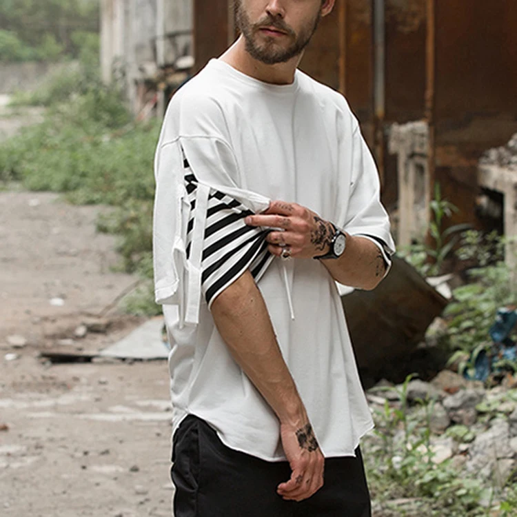 Wholesale OEM Fashion Extra Long Blank High Quality Stripe Decorate Hip Hop T Shirt