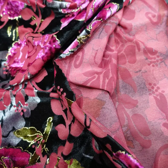 Froal rose silk velvet Burnout and brushed printed stretch fabric for woman dress