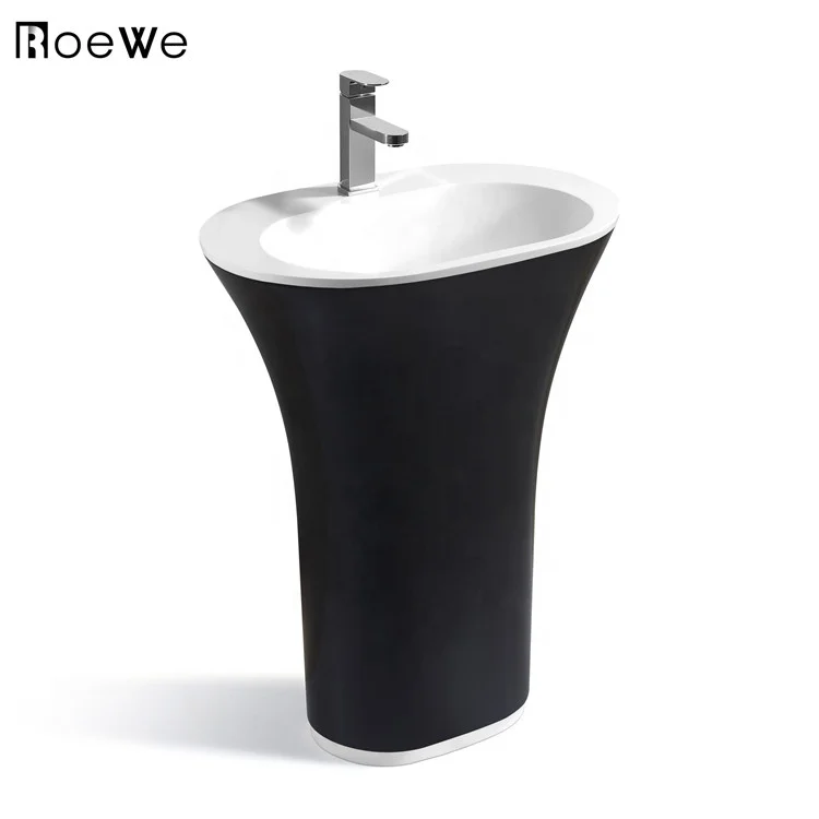 resin composite cast stone floor standing pedestal sink black, bathroom hand washing basin solid surface freestanding washbasin