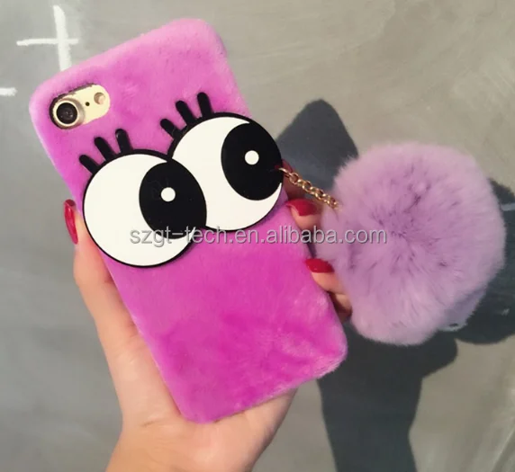 
big eyes tassel fur Mobile Phone Case for iPhone 7,fluff ball leather case for For iPhone 7, for iPhone 7 rabbit fur pompom Case 
