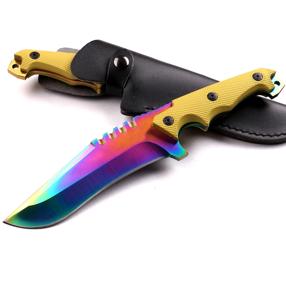 
Colorful titanium coating 5CR13MOV fixed blade knife hunting survival knife with ABS and glass fiber handle 