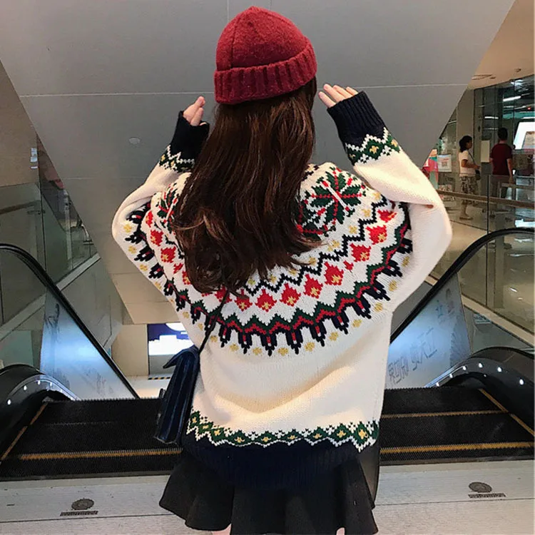 women fashion christmas fashion style loose sweater with multicolor jacquard knit