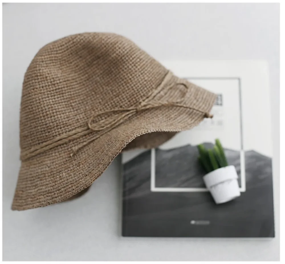 Hot sale custom plain raffia straw bucket hat cloche hat sun hat with bowknot ribbon