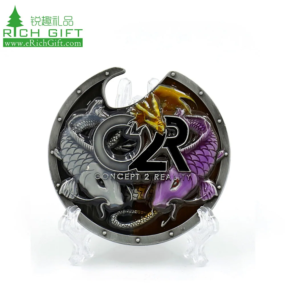 Free sample custom cute vivid coin metal nickel plating epoxy enamel 3D embossed carp fish logo coin bottle opener