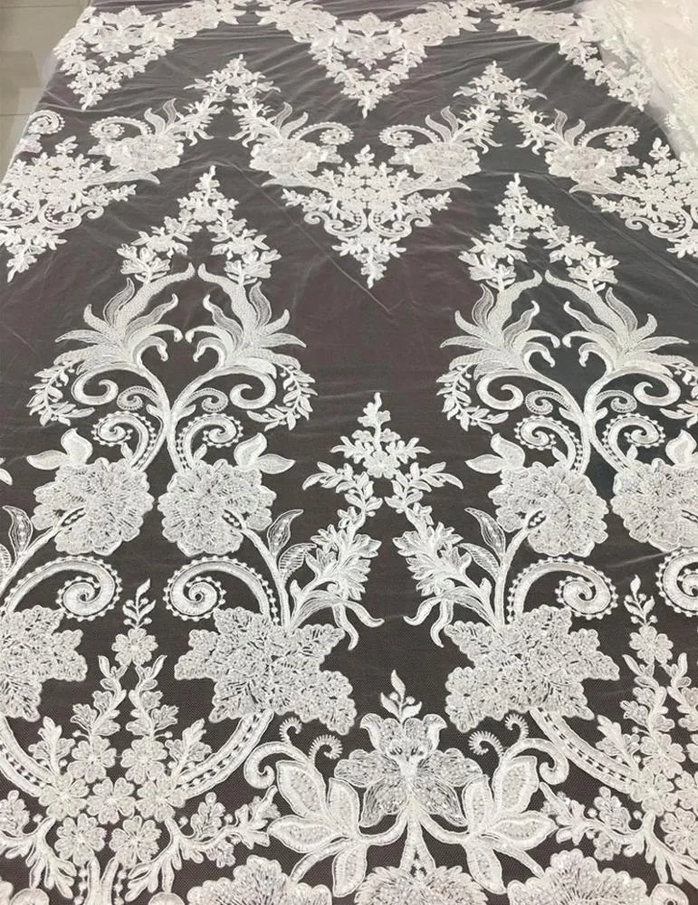 high quality machine beaded embroidered bridal lace fabric luxury embroidery beads sequins dress fabric