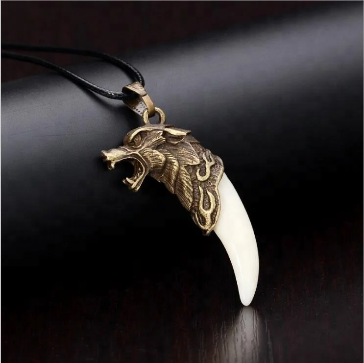 Xus Korean Ivory White Wolf Head elephant tooth pendant necklace jewelry for men