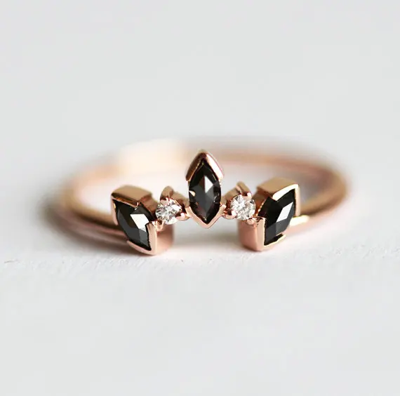 Marquise Cutting Black Spinel Thin Stackable Silver Rings