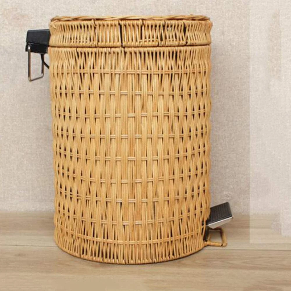 Bamboo Pedal Trash can,Round Simple Easy to Clean Garbage Can with Lid Home Living Room Bedroom Kitchen Bathroom Natural Paper B