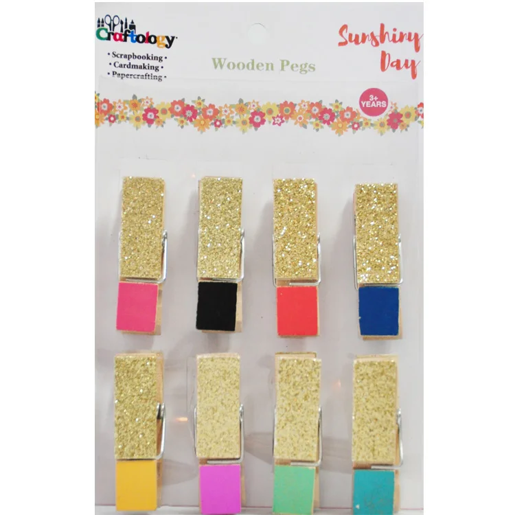 8pk 45mm gold glitter printed wooden paper clips