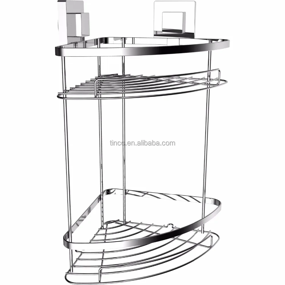 
Suction Cup Corner Shower Caddy with 304 Stainless Steel Polished Chrome Shelf 2 Tier Basket Holder for Bathroom 