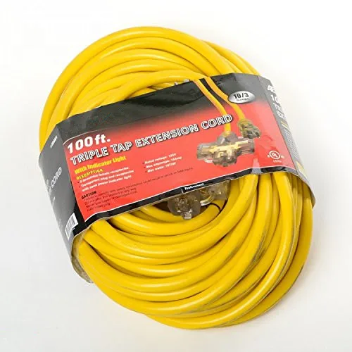 Heavy-duty 100FT 10 Gauge 3 Prong Triple Tap Yellow Extension Cord with Indicator Light
