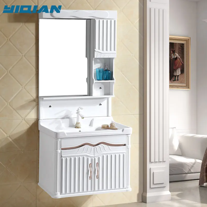 Modern Simple Wall Mounted White and Golden PVC Bathroom Wash Basin Vanity or Cabinet Furniture