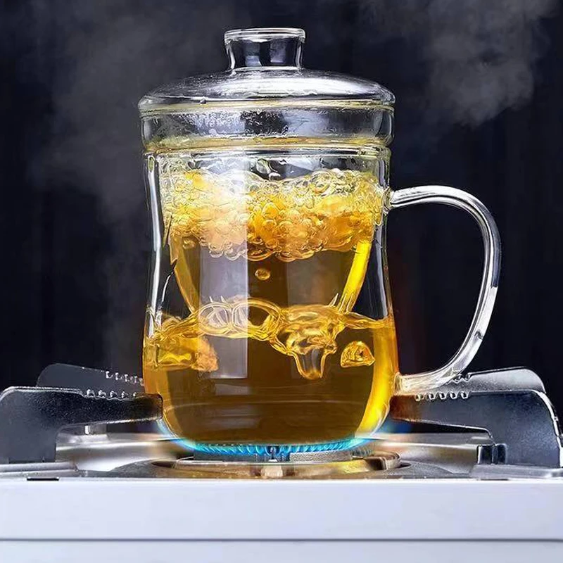 Chinese Tea Set Three-piece Scented Tea Cup with Filter Hand-blown Round Penguin Mug with Animal Print Glass Lid Heatable 500ml