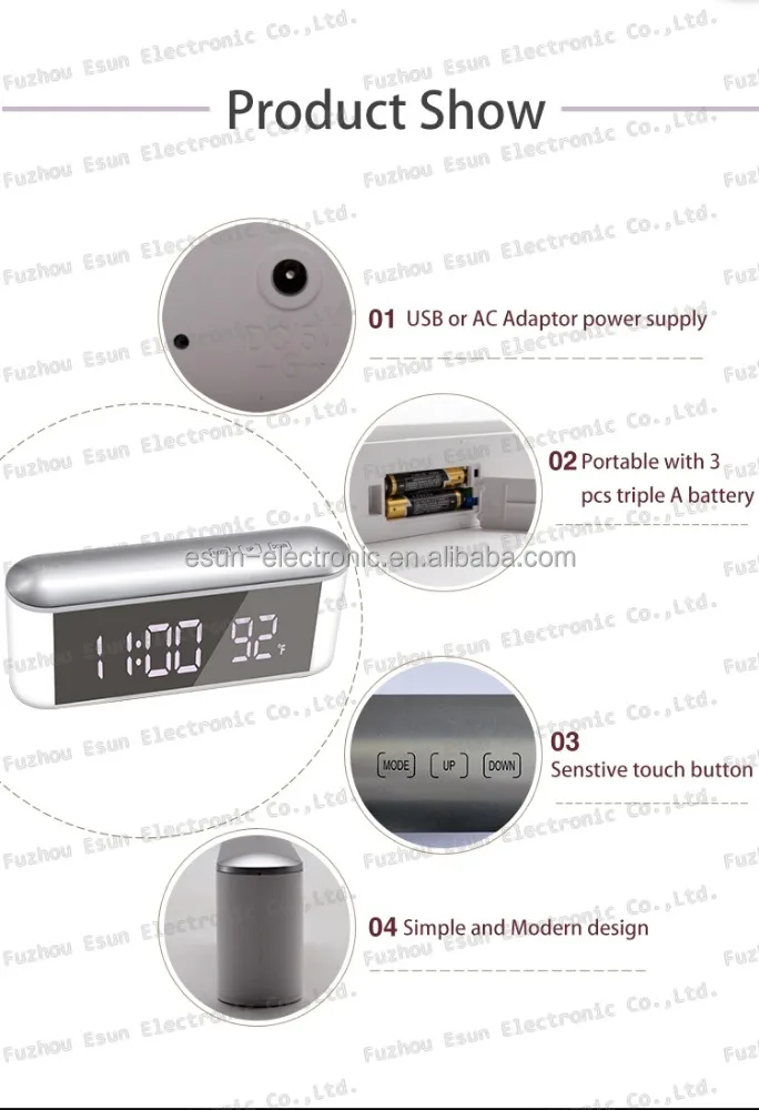 2017 Digital Touch key LED Mirror Table Wall Alarm Clock