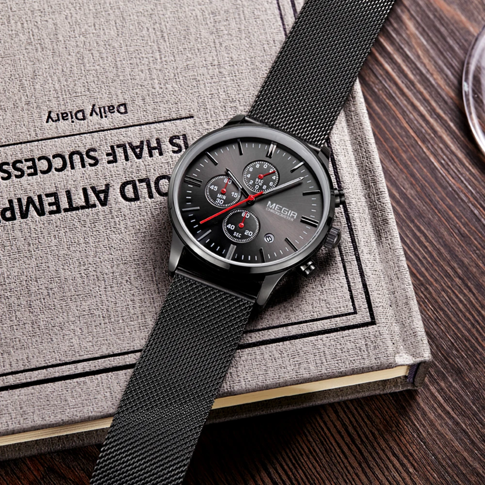 Megir 2011 Couple Watch Stainless Steel Band Water Resistant Quartz Chronograph watch for watches