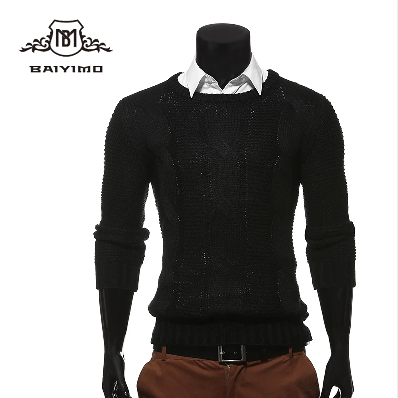 Oem Stylish Solid Black Knitted Cable Pullover Sweater Men Custom
