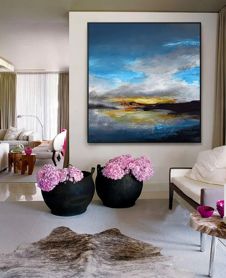 golden foil Small village in the sunset abstract art picture  canvas Oil Painting