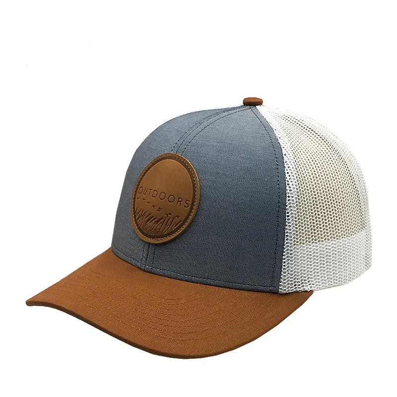 Custom Leather Patch Trucker Cap Brown Suede Mesh Trucker Hat