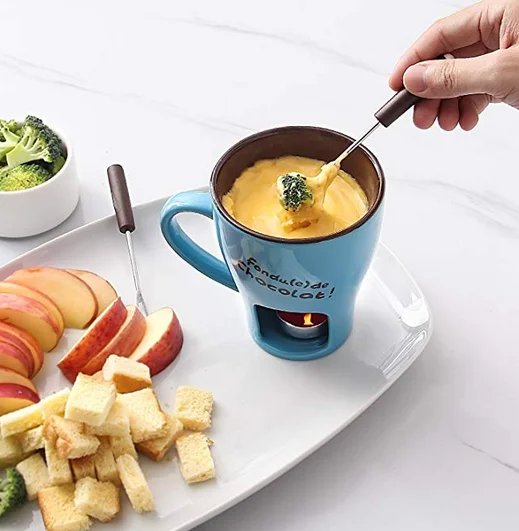 Switzerland popular blue color custom logo cheap mini fondue mugs chocolate fondue warmer
