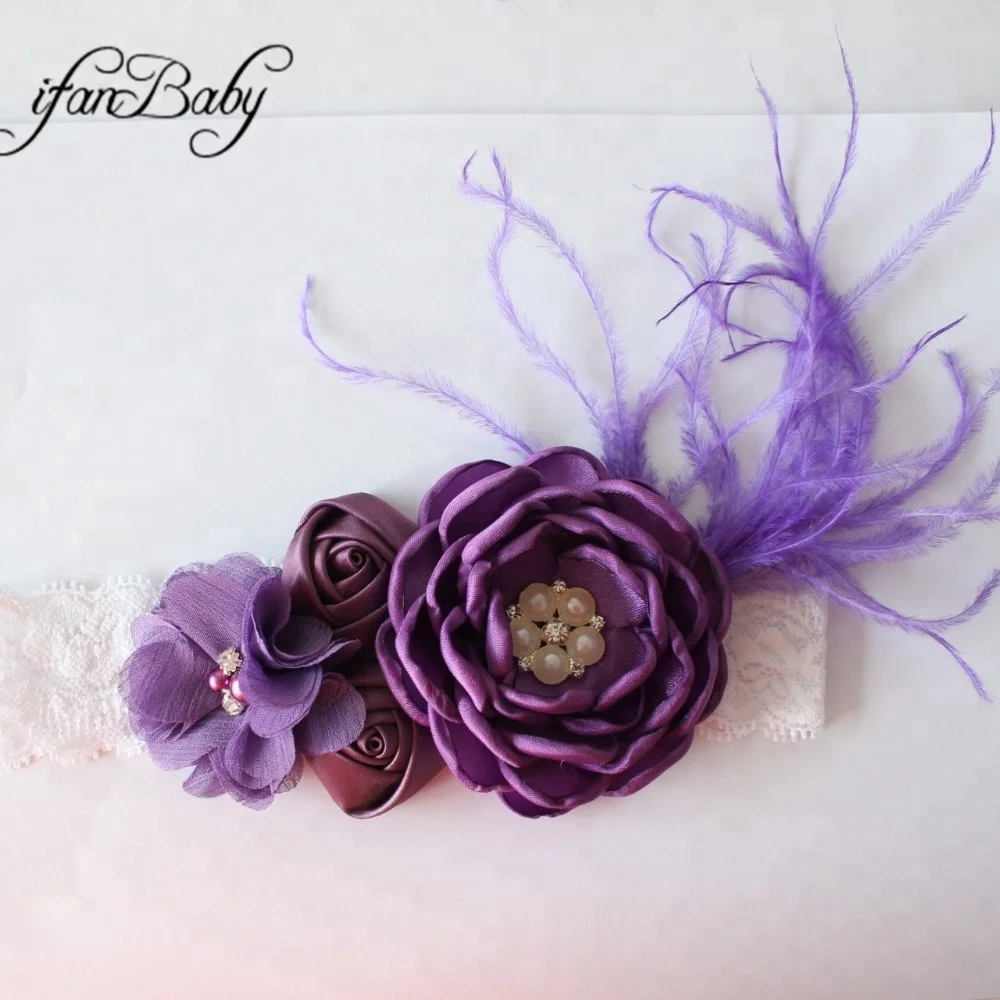 Girl Feather Lace Headband With Chiffon Flower Headband Rose Burn Flower Headband