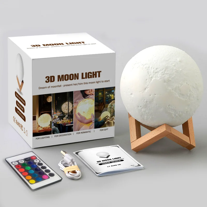 
2019 hot selling 3D printing Moon lamp with USB changing cable 15cm Moon night light in 16 colors RGB remote control 