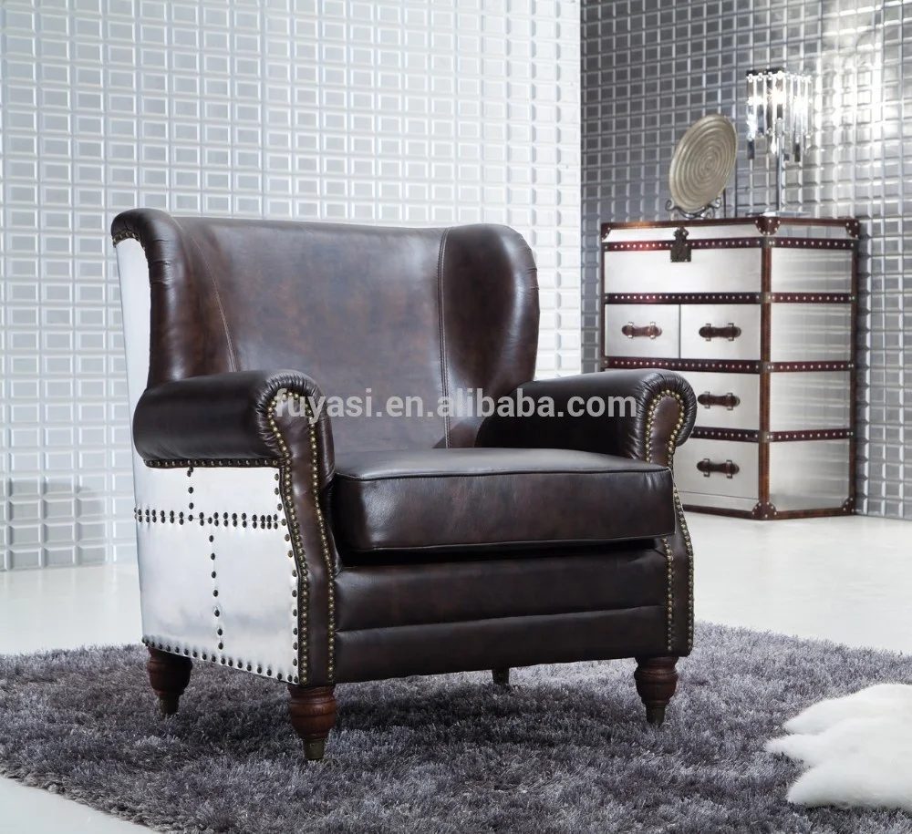 aviator professior chair aluminum back with vintage italian leather upholstery chair