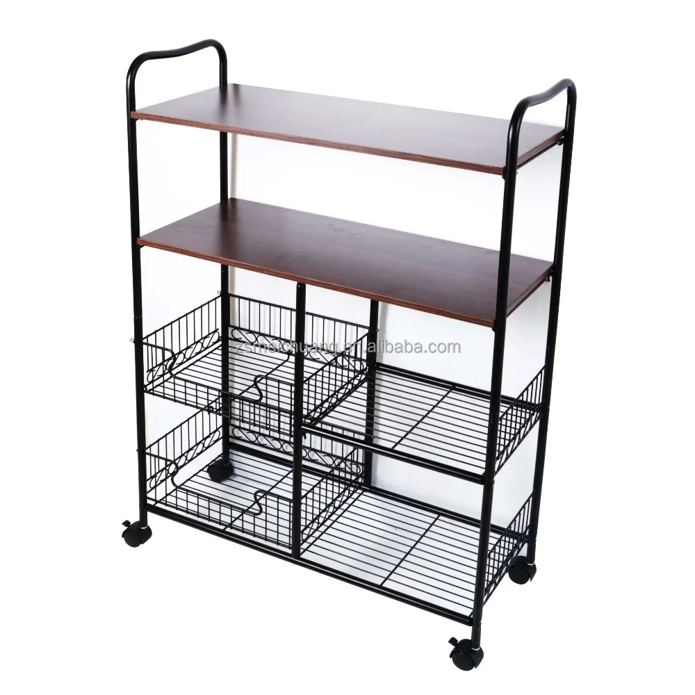 4 Tier Portable Rolling Wire Shelf Wood Top Kitchen Storage Trolley