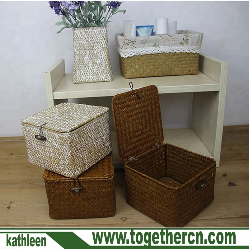 
Large Rectangular Handwoven Natural Seagrass Wicker Nesting Storage Baskets and Home Organizer Bins with Lid 