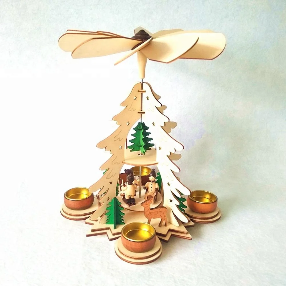 Wooden craft laser cutting Christmas pyramid decoration with tealight holders
