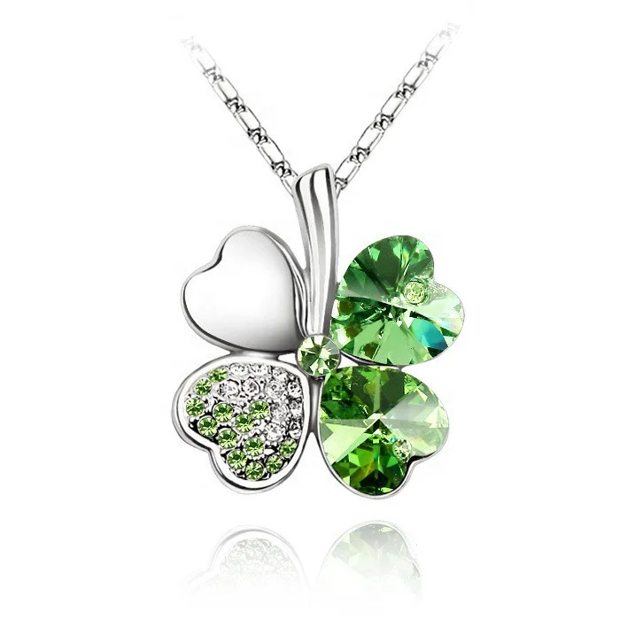 Trending Nickel free Alloy jewelry accessories Fashion lucky Green Crystal 4 Four Leaf Heart Clover Pendant Necklace For women