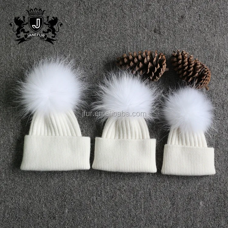 Wholesale Raccoon fur pom kids crochet angora beanie winter hat with top ball