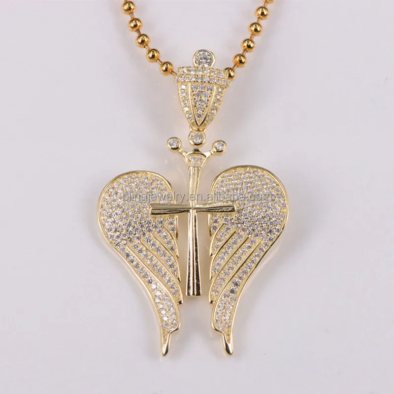 
Mens14K Yellow Gold Lab Diamond Cross Wings Angel Pendant 