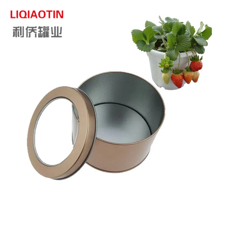 Tinplate champagne gold round 90 * 60mm open window candy tin box, tea dessert watch iron box packaging