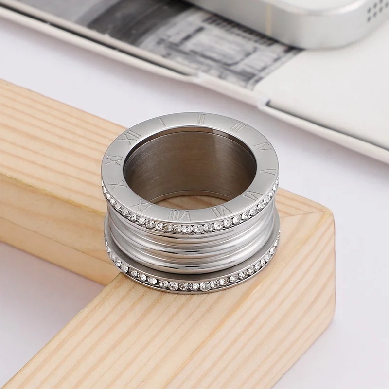 Roman Numerals Stainless Steel Promise Crystal Diamond Engagement Silver Rings For Ladies