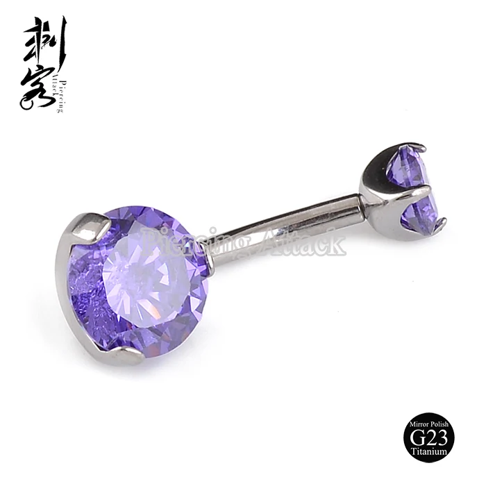G23 Solid Titanium Internally Threaded Double CZ Gem Belly Bar Navel Belly Ring
