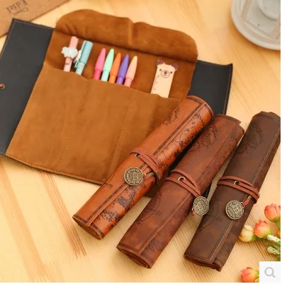 Wholesale leather Roll up Pencil Case Pouch for school Pencil box