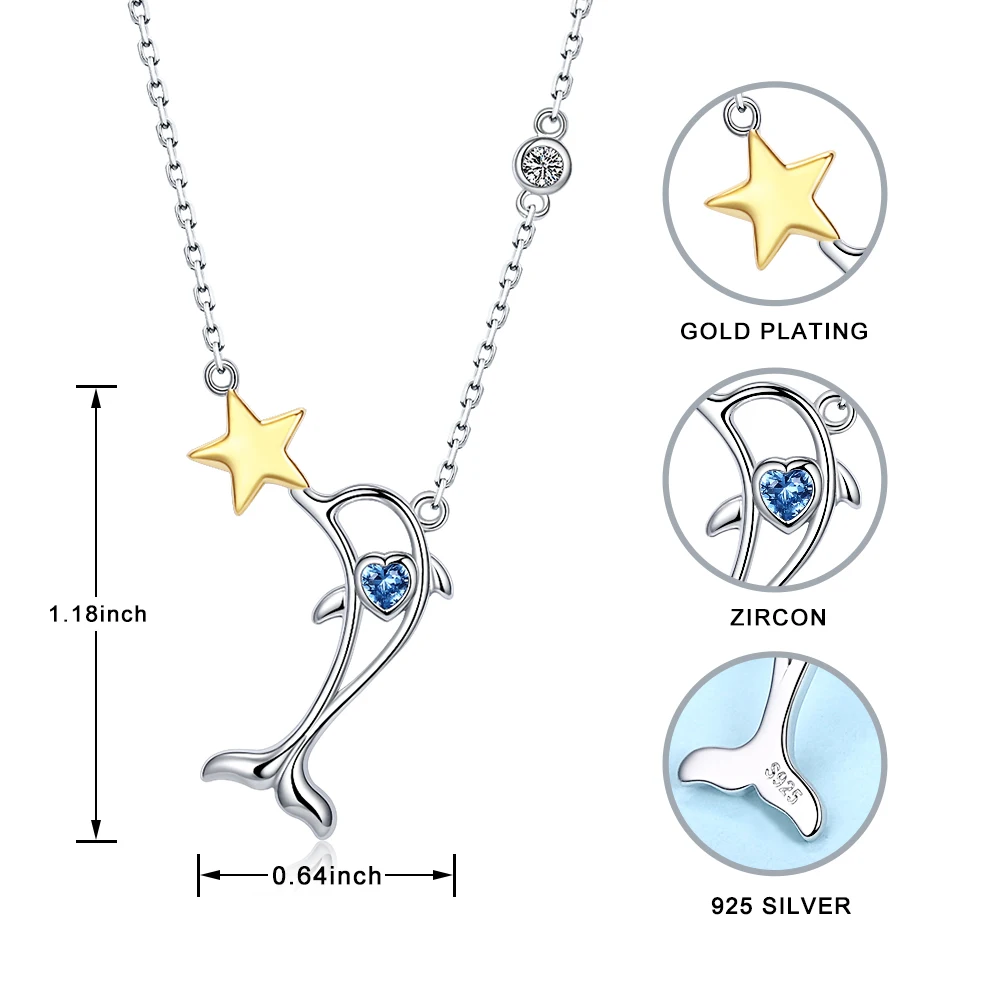 925 Sterling silver blue zircon pave cute animal dolphin star pendant necklace for women gift