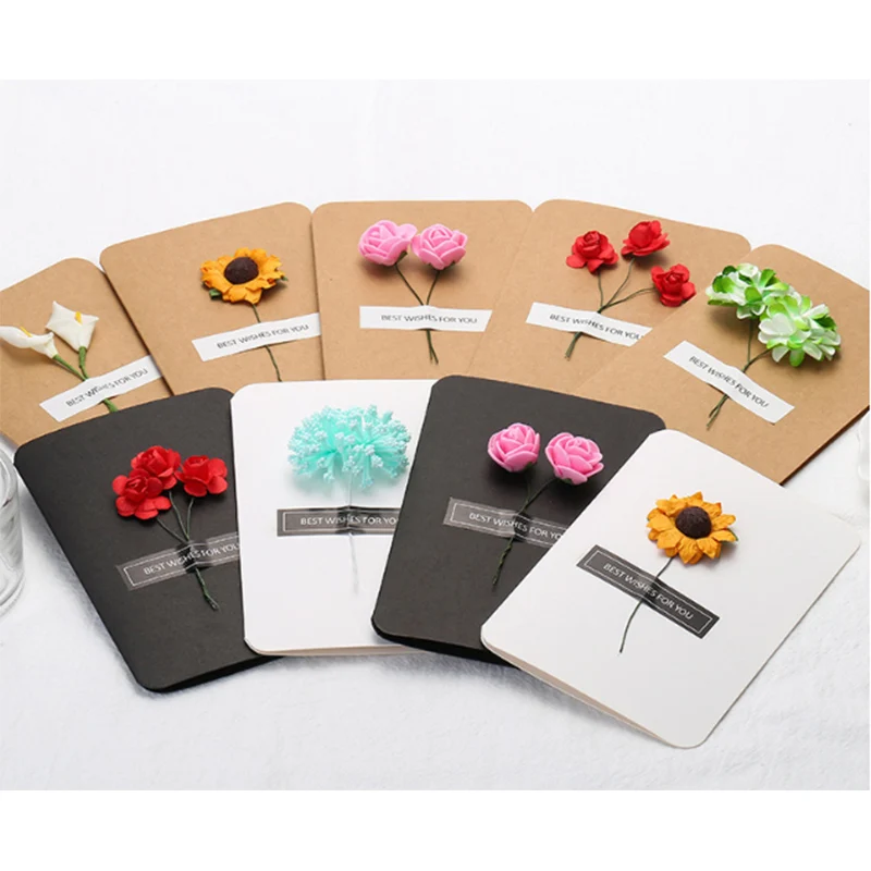 Hot Sell handmade Kraft Paper folding Brown Natural Dried Flowers greeting Thank You Card