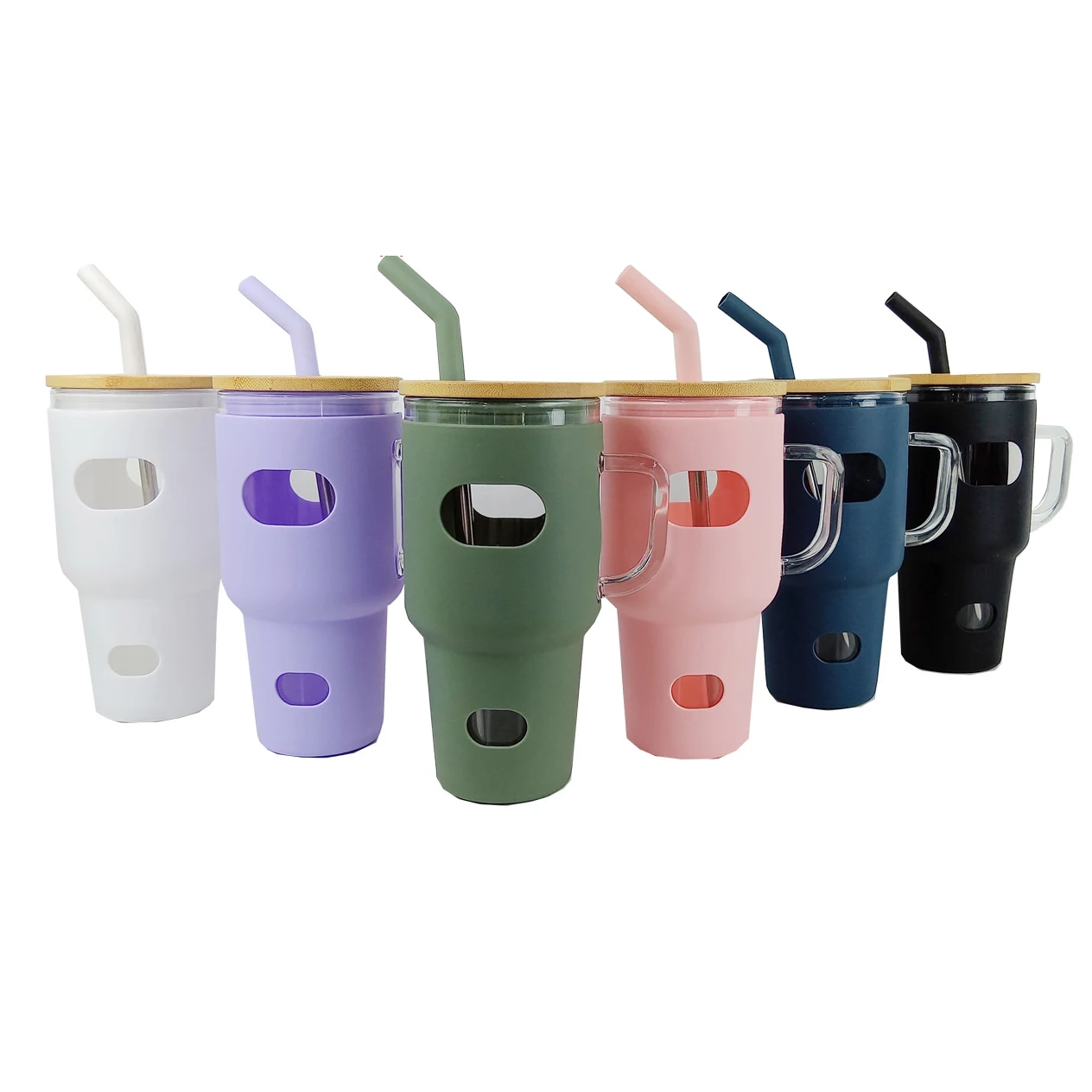 2023 New Customized 32oz cup high  Silicone Sleeve glass car tumbler with handle beer mug car water travel tumbler with Straw