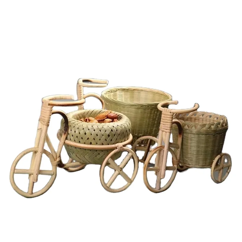 Bicycle Decorative Flower Basket Bamboo Rattan White Tricycle Design Flower Basket Storage Home Decoration Woven Storage Basket