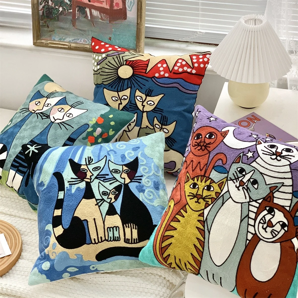 Factory Direct Sale Abstract Animal Picasso Embroidery Oil Painting Cotton Throw Pillow Case Cushion Cover For Sofa Living Room