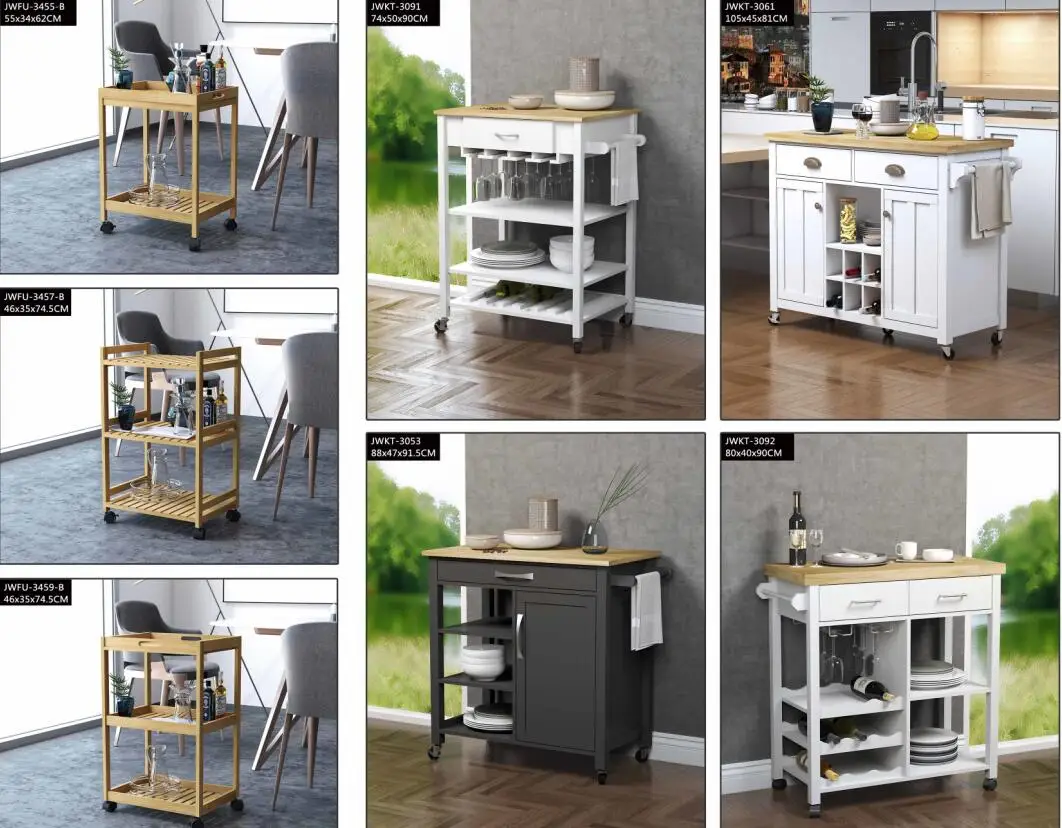 2023 Custom White Rolling mobile wheels wooden serving trolley kitchen island cart with wine rack and glasses holder