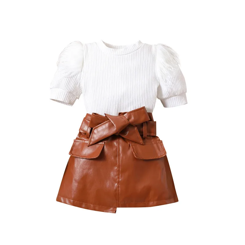 Summer Children Short Sleeve Ribbed Cotton White Tshirts Brown Leather Skirts Kids Suit for Girls