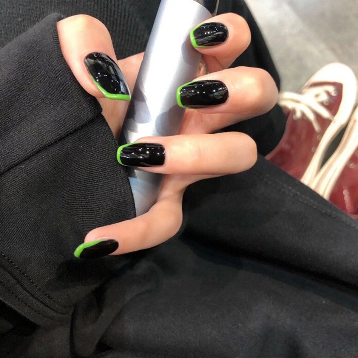 Black/Green False Nails Wholesale French Tip Nails Fashional False Nails Ballerina Full Cover