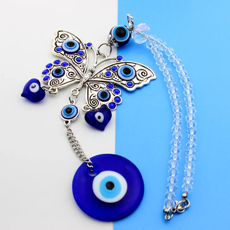 Kingcome White Long Type Crystal Beads Beaded Turkey Blue Evil Eyes Butterfly Love Heart Car Pendant Wall Hanging Decor
