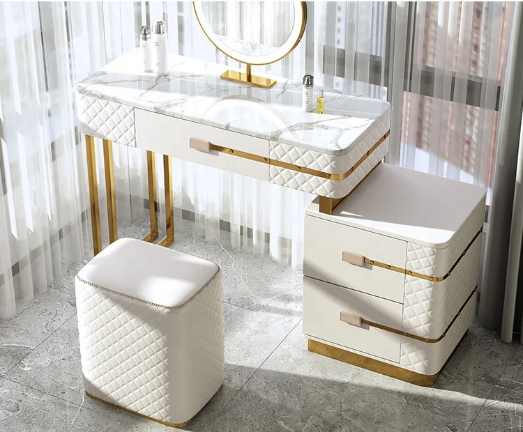 modern bedroom furniture White leather dressers MDF cabinet with mirror and stool dressing table for home hotel
