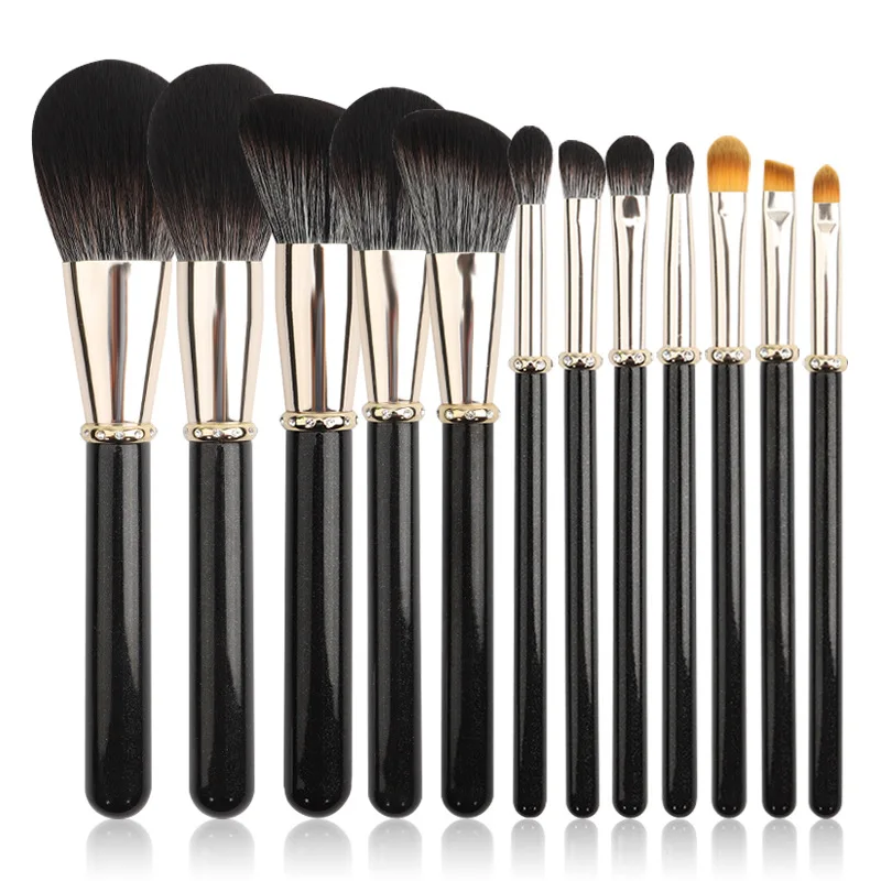Customize personalized makeup brush set 12pcs black high end soft goat makeup brush