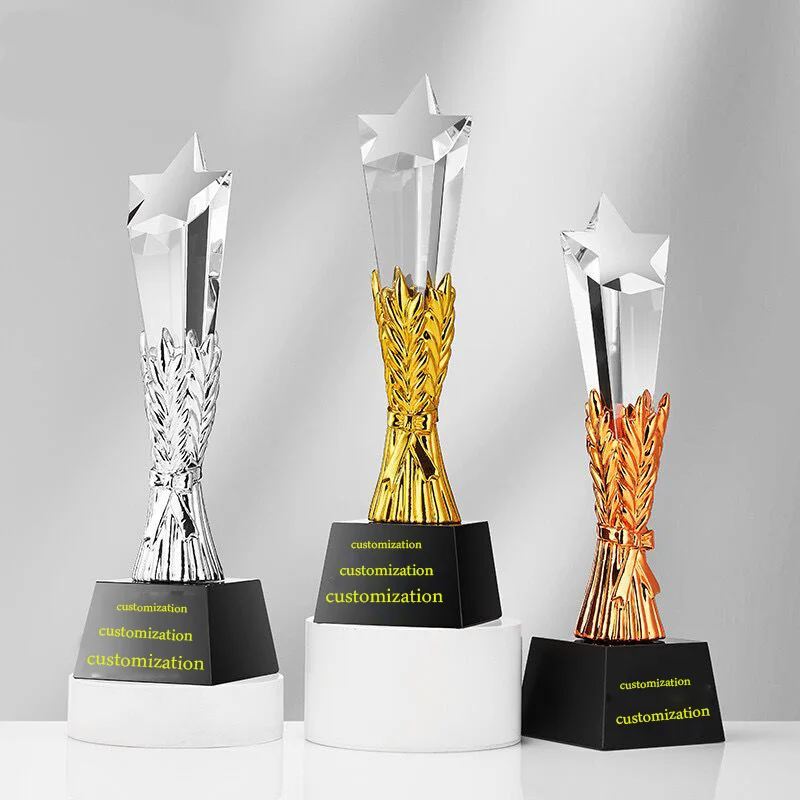 Souvenir Gift Custom Crystal Glass Trophy With Metal Star Glass Trophy Awards