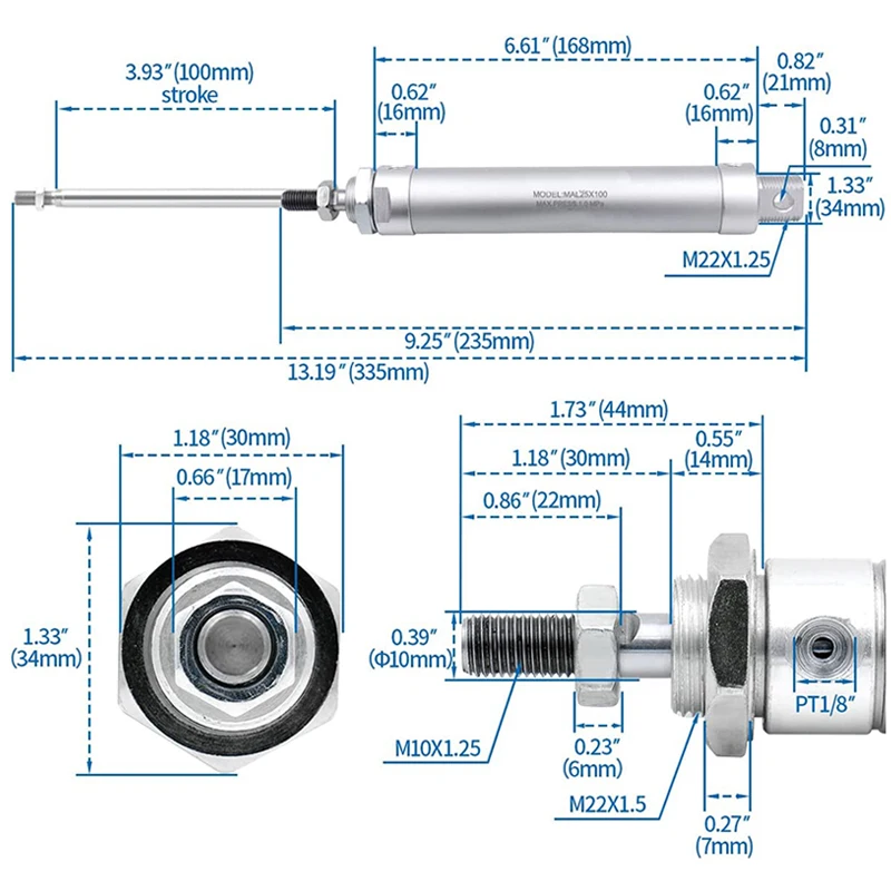 MAL Series Aluminium Mini Air Cylinders Double Acting Piston Mini Pneumatic Cylinder