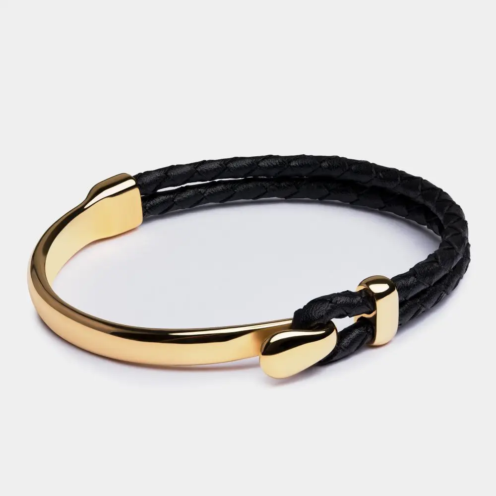 Unique Design Stainless Steel Custom Logo Black Braided Genuine Leather Bracelet for Men